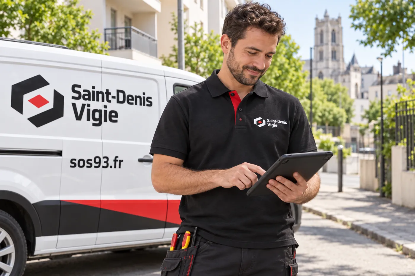 Électricien Saint-Denis Vigie consultant un compte rendu de diagnostic sur tablette à côté de l'utilitaire de l'entreprise